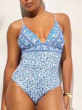 J Crew Ruched Plunge One Piece in Bandana Block Print Blue